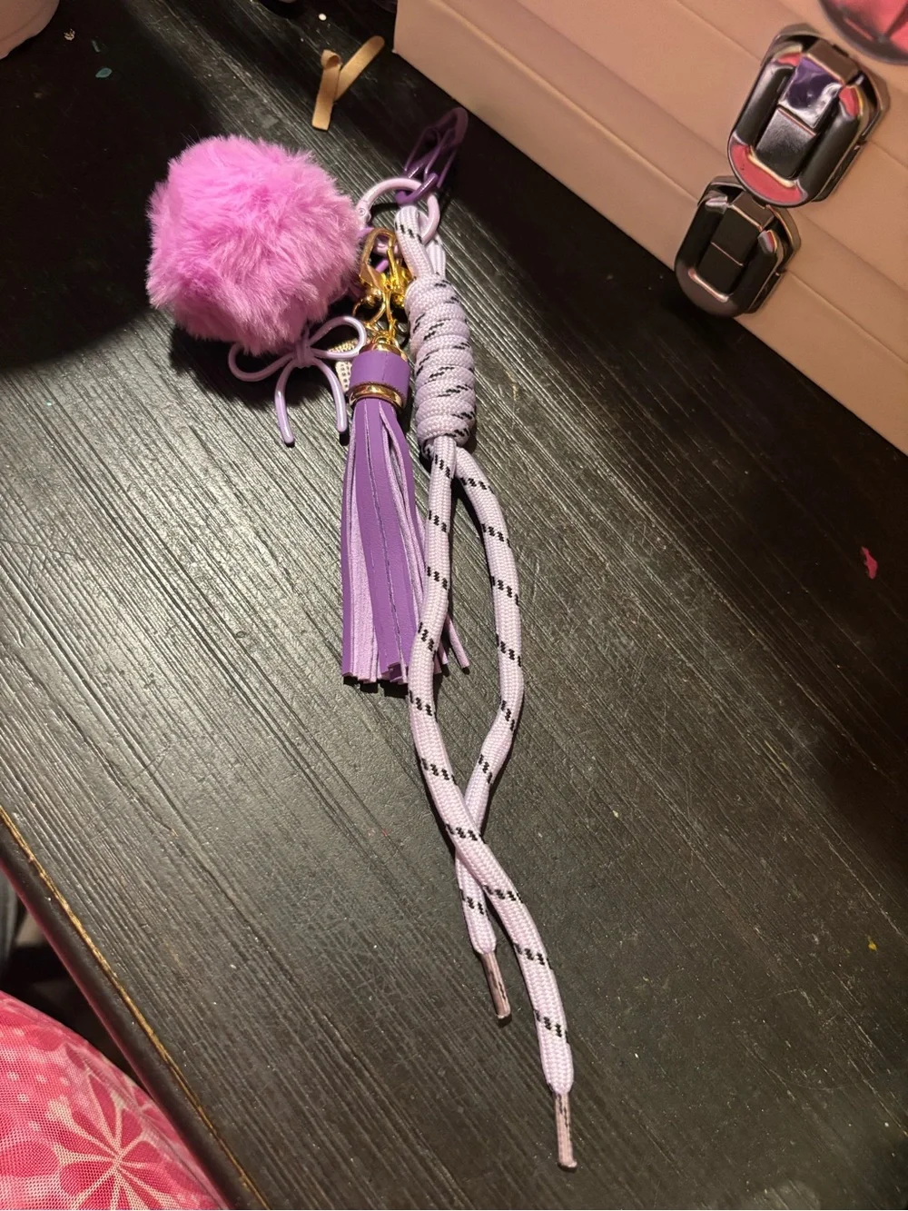 Purple Pom Pom Tassel Bag Charm with Gold Accents